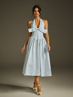 Halter Deep V-Neck Bow Bust Vertical Stripe Fit and Flare Midi Dress