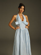 Halter Deep V-Neck Bow Bust Vertical Stripe Fit and Flare Midi Dress