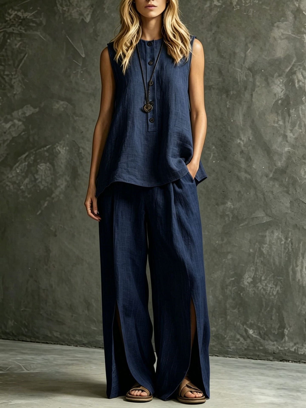 Two-piece Set With Split Pockets, Buttons, And Solid Color