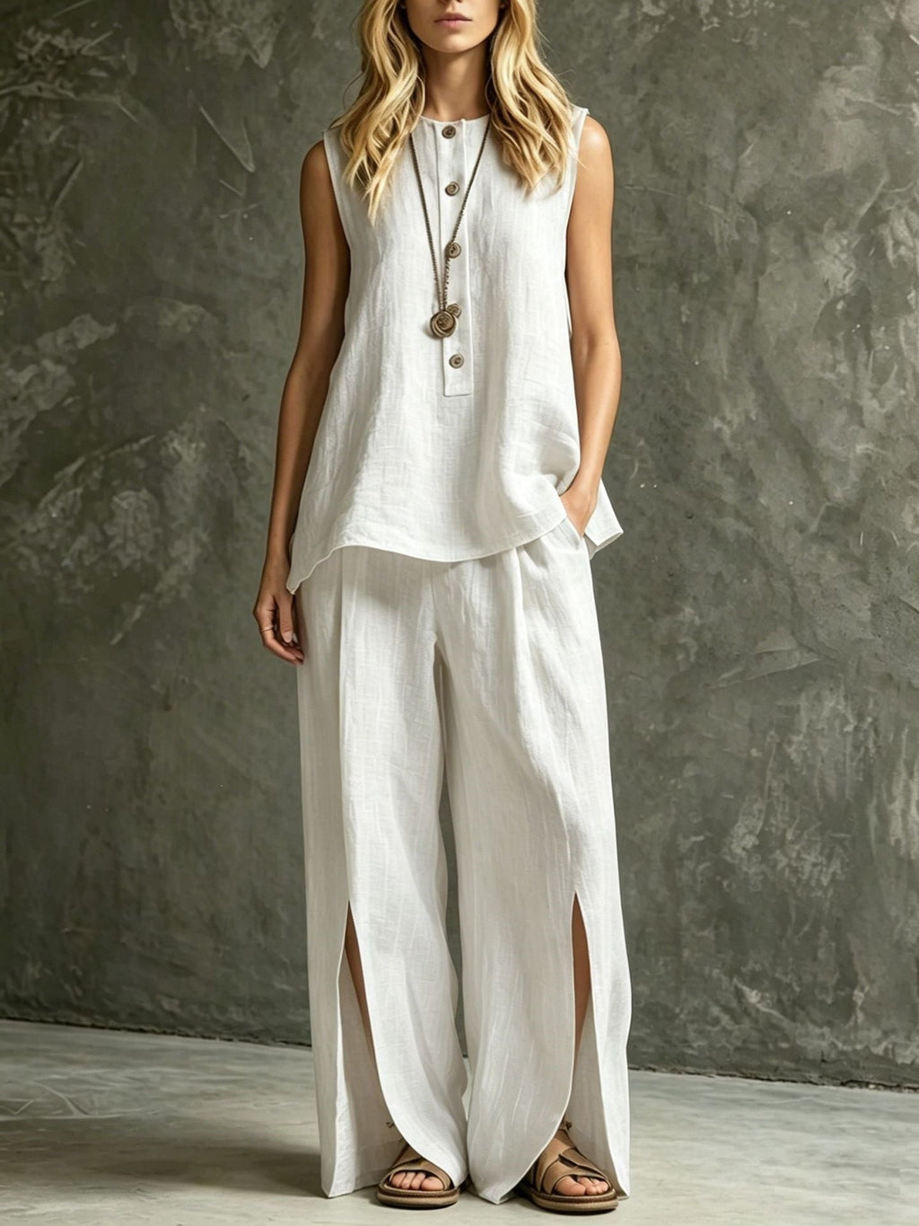 Two-piece Set With Split Pockets, Buttons, And Solid Color