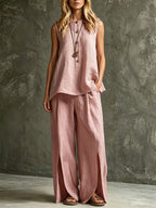 Two-piece Set With Split Pockets, Buttons, And Solid Color