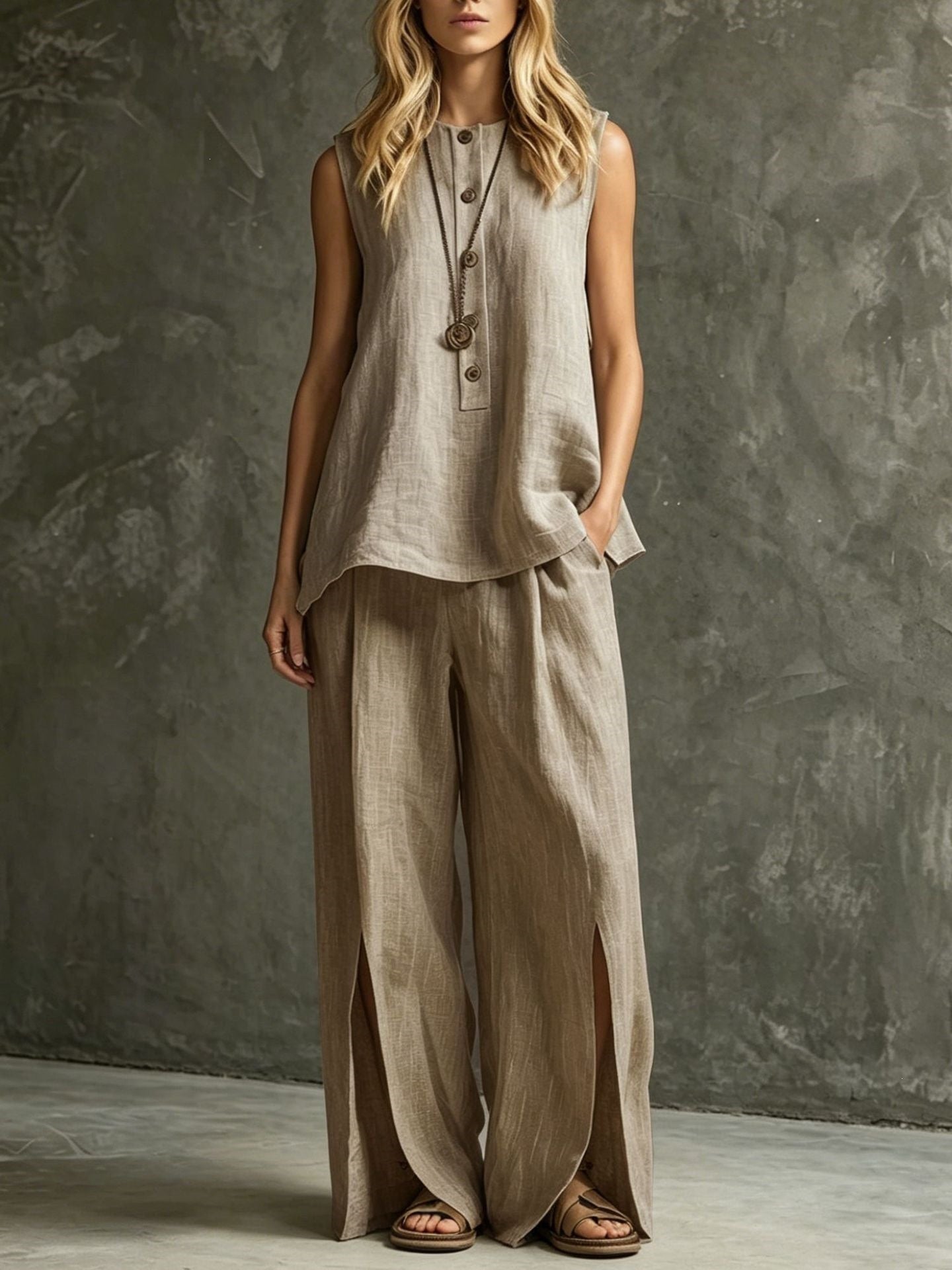 Two-piece Set With Split Pockets, Buttons, And Solid Color