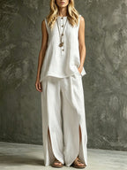 Two-piece Set With Split Pockets, Buttons, And Solid Color
