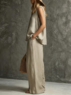 Two-piece Set With Split Pockets, Buttons, And Solid Color