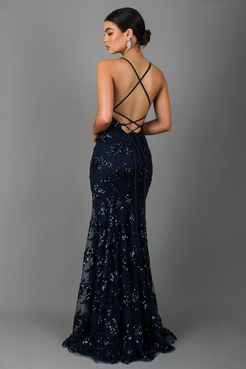 Plunging V Neck Sequin Embellished Spaghetti Strap Floor Length Gown