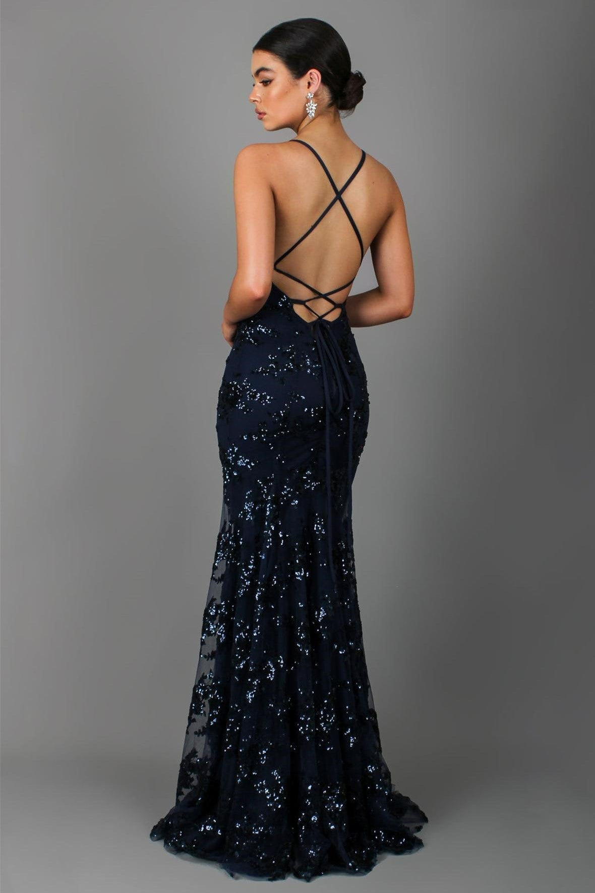 Plunging V Neck Sequin Embellished Spaghetti Strap Floor Length Gown