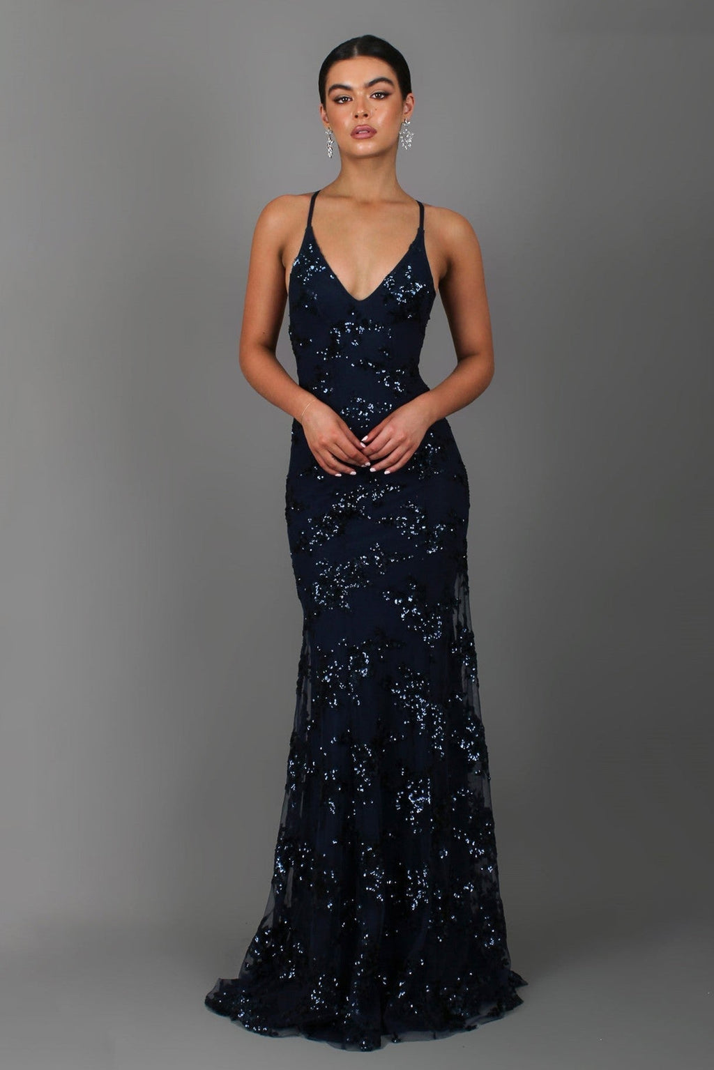 Plunging V Neck Sequin Embellished Spaghetti Strap Floor Length Gown