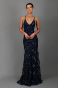 Plunging V Neck Sequin Embellished Spaghetti Strap Floor Length Gown