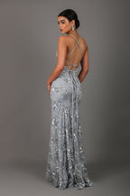 Plunging V Neck Sequin Embellished Spaghetti Strap Floor Length Gown