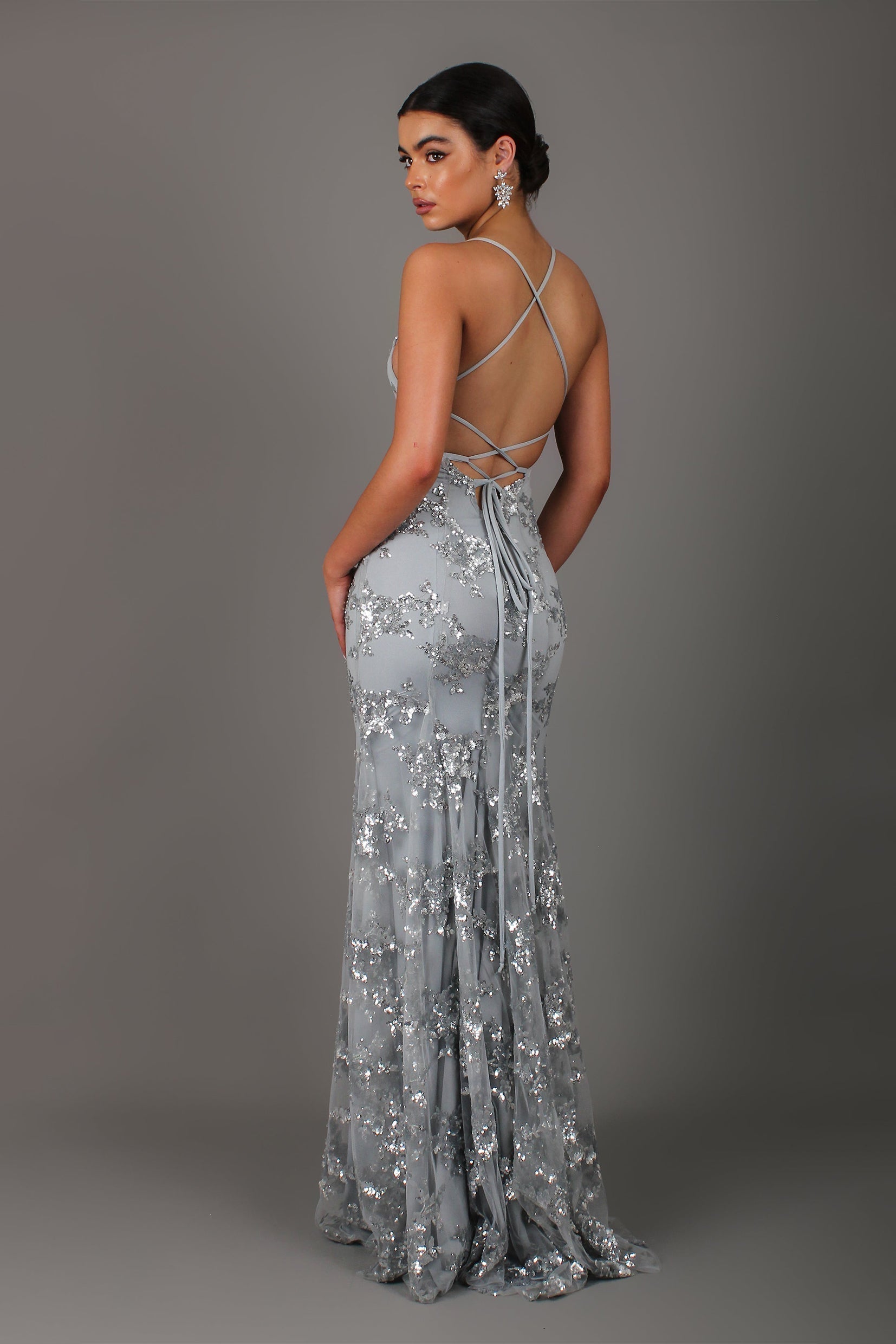 Plunging V Neck Sequin Embellished Spaghetti Strap Floor Length Gown