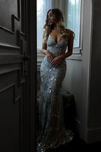 Plunging V Neck Sequin Embellished Spaghetti Strap Floor Length Gown