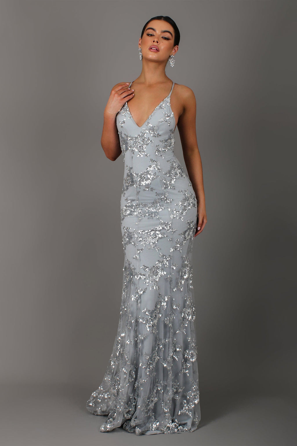 Plunging V Neck Sequin Embellished Spaghetti Strap Floor Length Gown