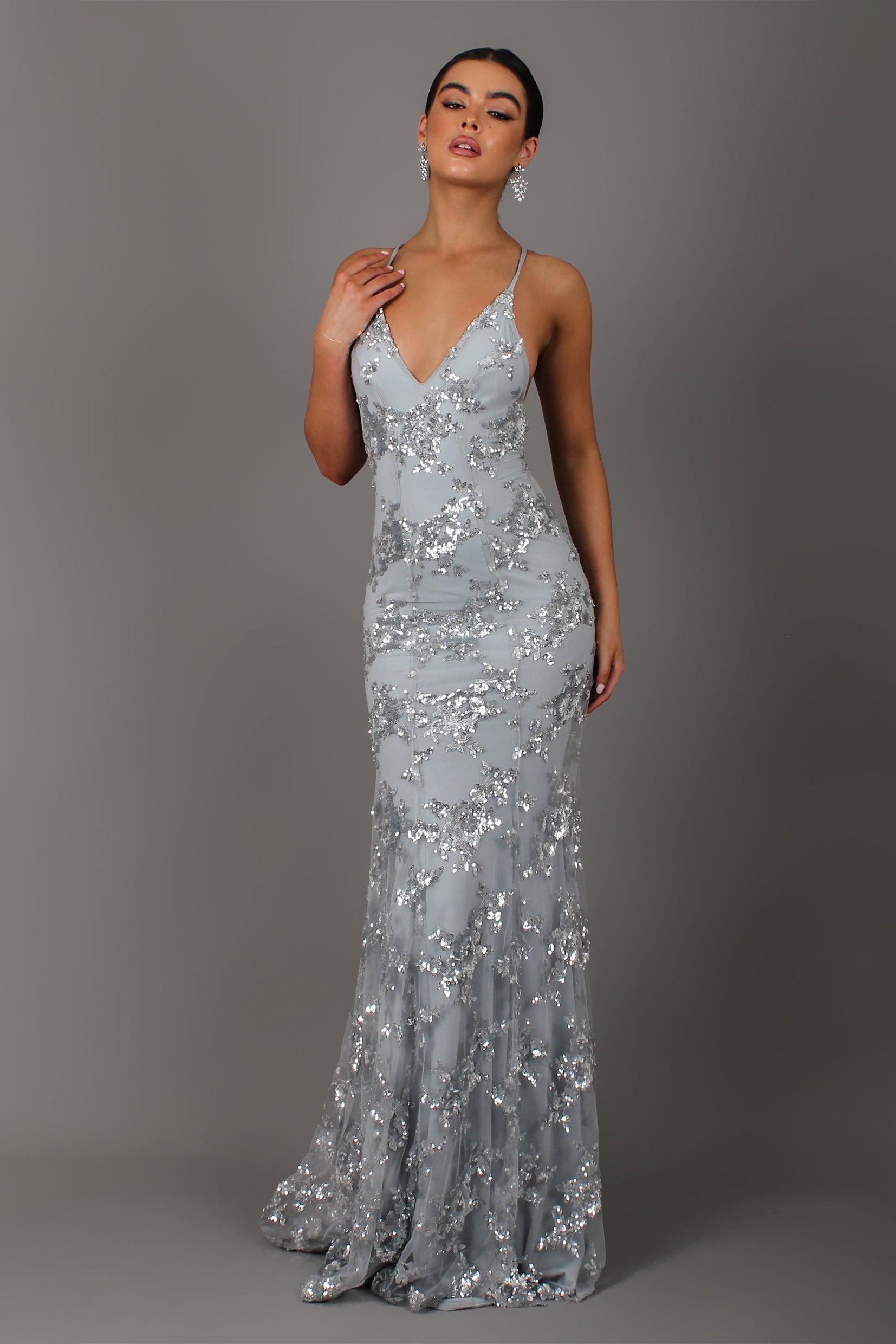 Plunging V Neck Sequin Embellished Spaghetti Strap Floor Length Gown