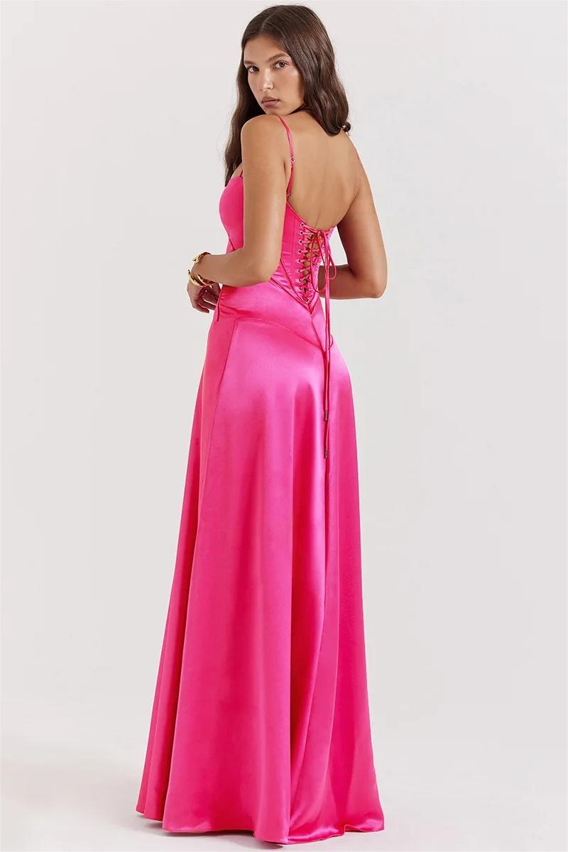 Spaghetti Strap Corset Bodice Basque Waist Satin Maxi Gown