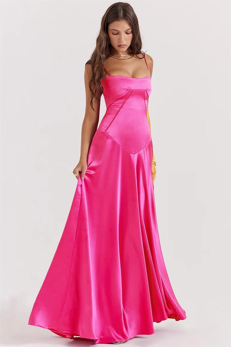 Spaghetti Strap Corset Bodice Basque Waist Satin Maxi Gown