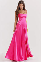 Spaghetti Strap Corset Bodice Basque Waist Satin Maxi Gown