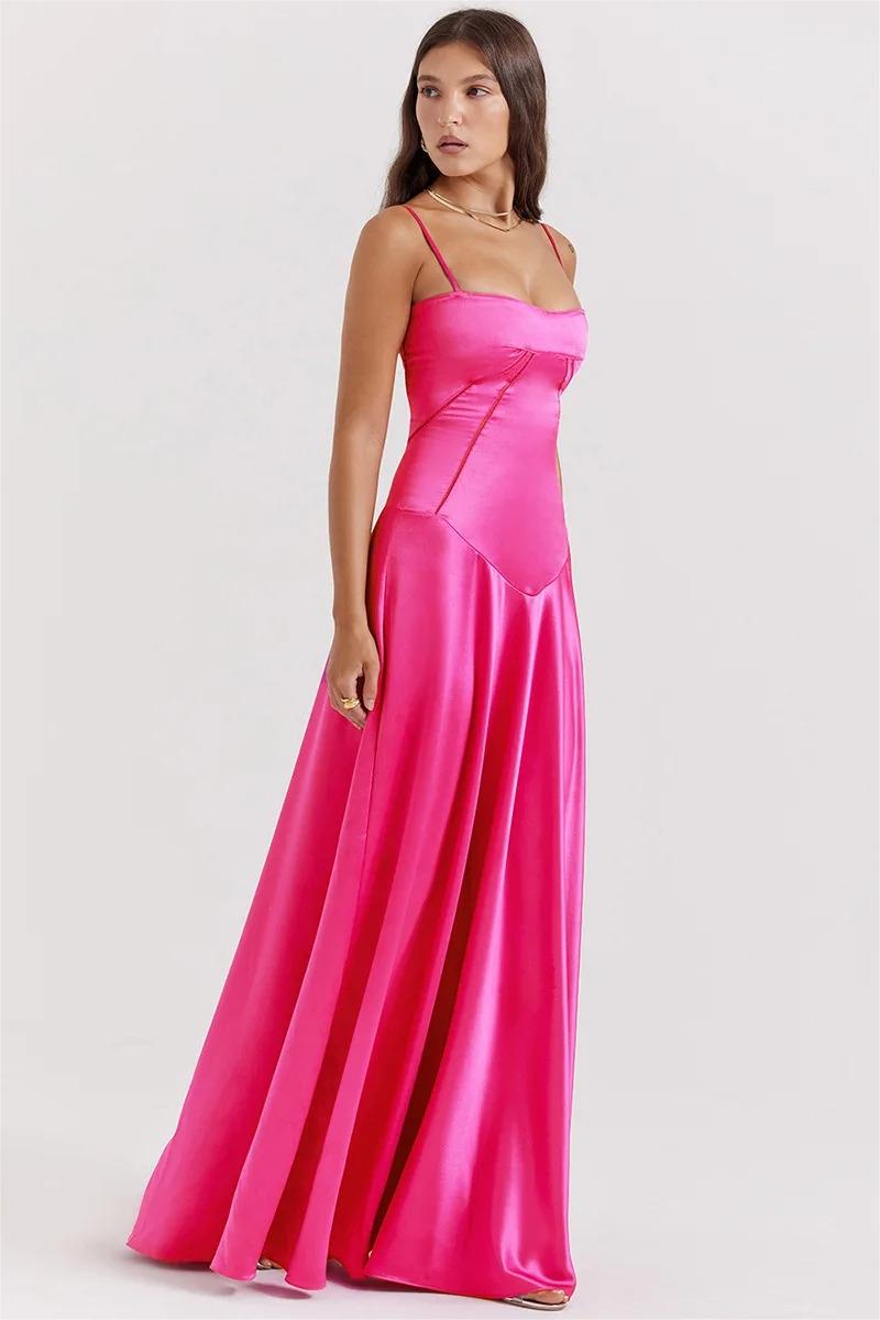 Spaghetti Strap Corset Bodice Basque Waist Satin Maxi Gown