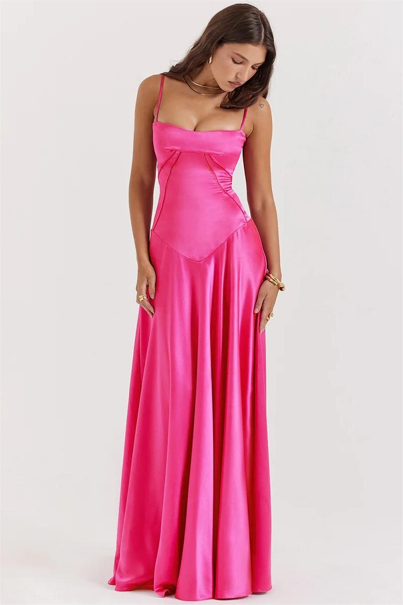 Spaghetti Strap Corset Bodice Basque Waist Satin Maxi Gown