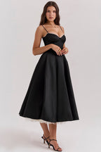 Satin Corset Sweetheart Spaghetti Strap Tiered Tulle Overlay Midi Dress