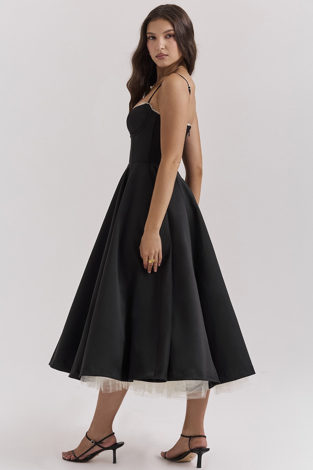 Satin Corset Sweetheart Spaghetti Strap Tiered Tulle Overlay Midi Dress