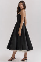 Satin Corset Sweetheart Spaghetti Strap Tiered Tulle Overlay Midi Dress