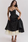 Satin Corset Sweetheart Spaghetti Strap Tiered Tulle Overlay Midi Dress