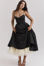 Satin Corset Sweetheart Spaghetti Strap Tiered Tulle Overlay Midi Dress