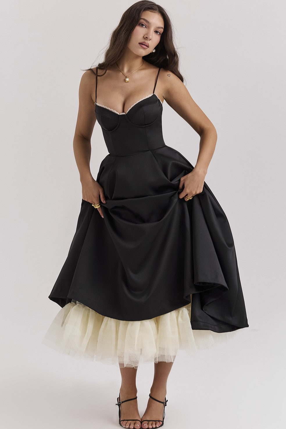 Satin Corset Sweetheart Spaghetti Strap Tiered Tulle Overlay Midi Dress