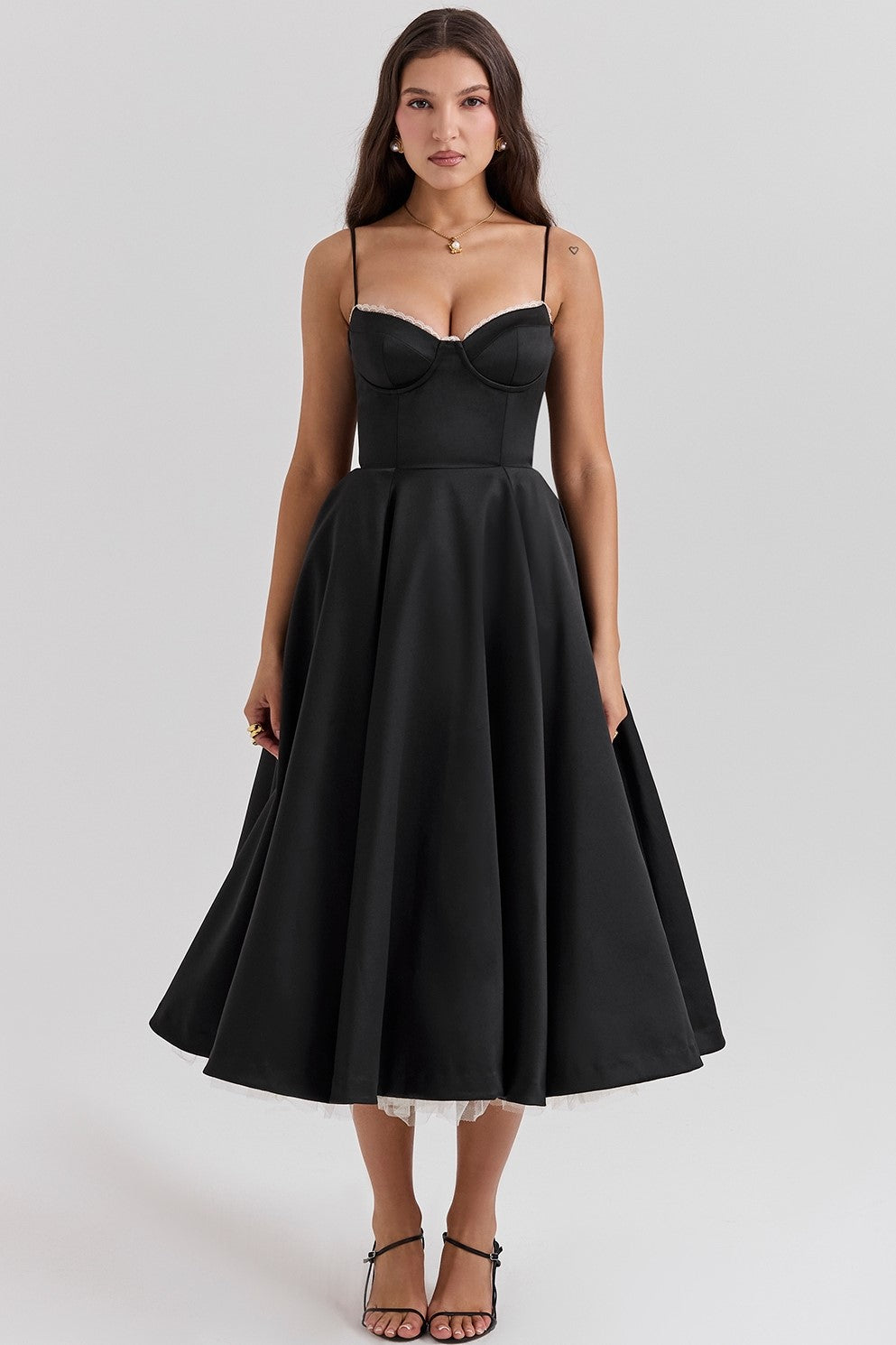 Satin Corset Sweetheart Spaghetti Strap Tiered Tulle Overlay Midi Dress