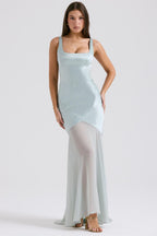Satin Square Neck Bustier Bodice Sheer Tiered Chiffon Maxi Gown