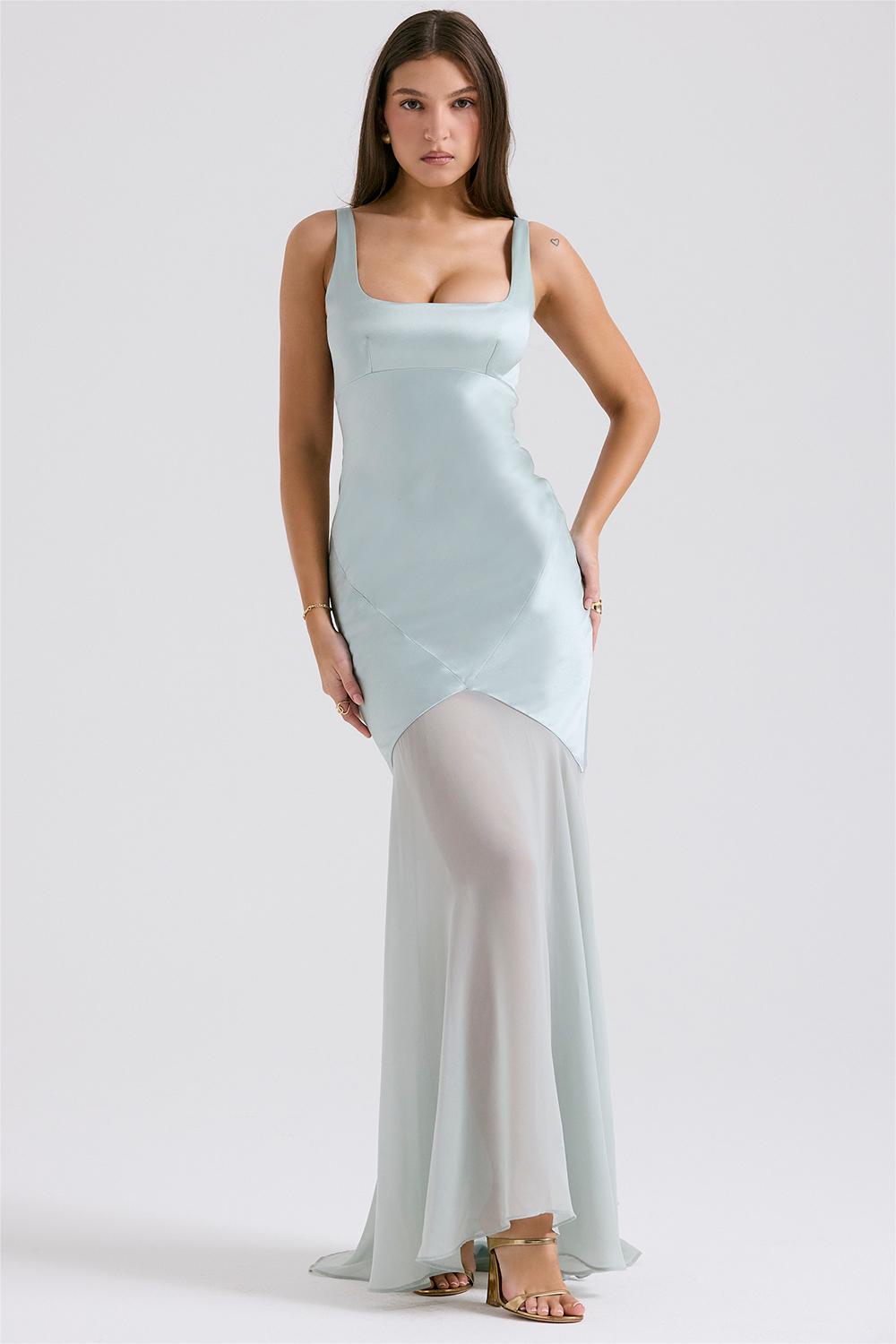 Satin Square Neck Bustier Bodice Sheer Tiered Chiffon Maxi Gown