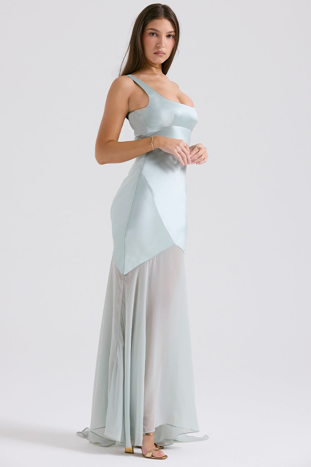 Satin Square Neck Bustier Bodice Sheer Tiered Chiffon Maxi Gown