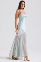 Satin Square Neck Bustier Bodice Sheer Tiered Chiffon Maxi Gown