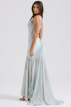 Satin Square Neck Bustier Bodice Sheer Tiered Chiffon Maxi Gown