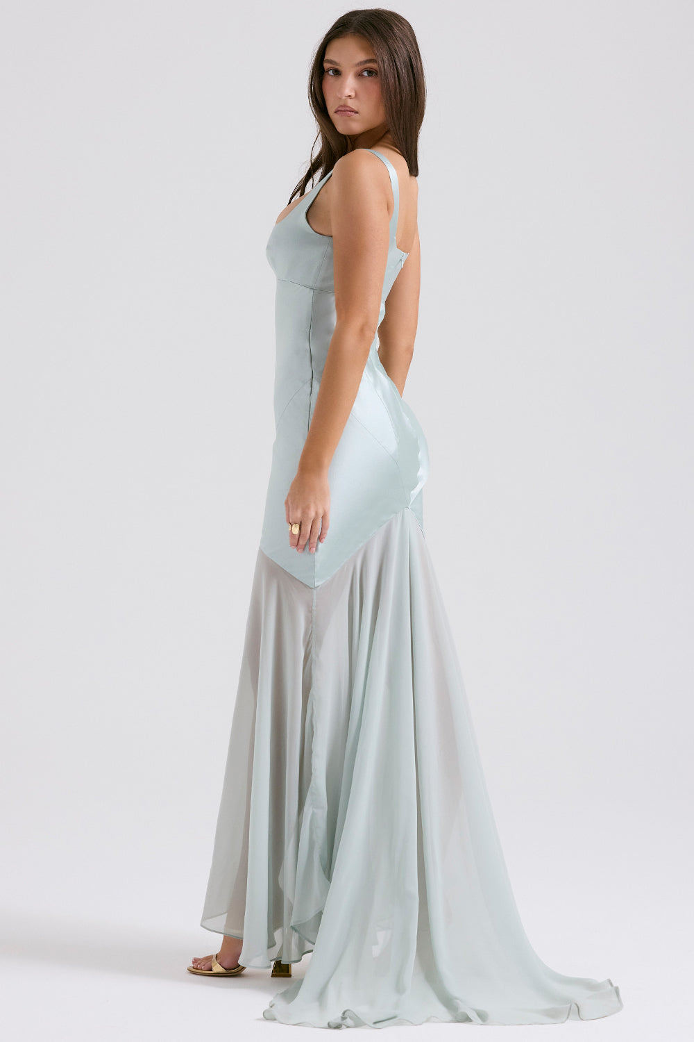 Satin Square Neck Bustier Bodice Sheer Tiered Chiffon Maxi Gown
