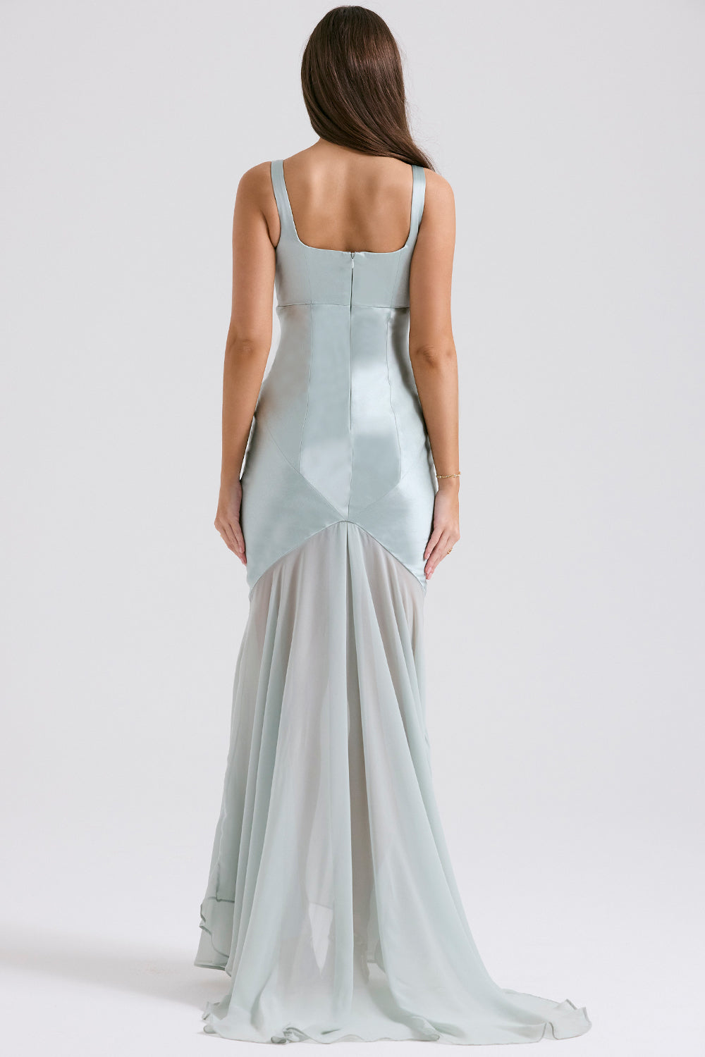 Satin Square Neck Bustier Bodice Sheer Tiered Chiffon Maxi Gown