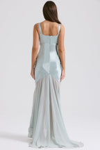 Satin Square Neck Bustier Bodice Sheer Tiered Chiffon Maxi Gown