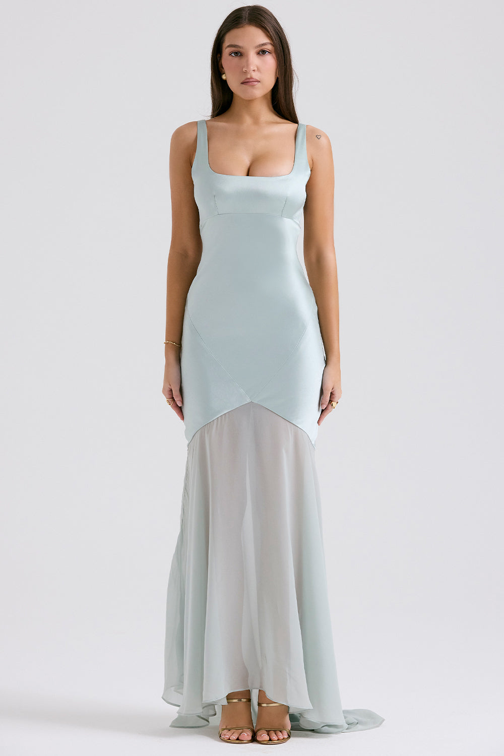 Satin Square Neck Bustier Bodice Sheer Tiered Chiffon Maxi Gown