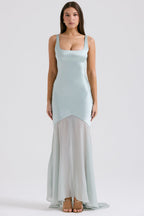 Satin Square Neck Bustier Bodice Sheer Tiered Chiffon Maxi Gown