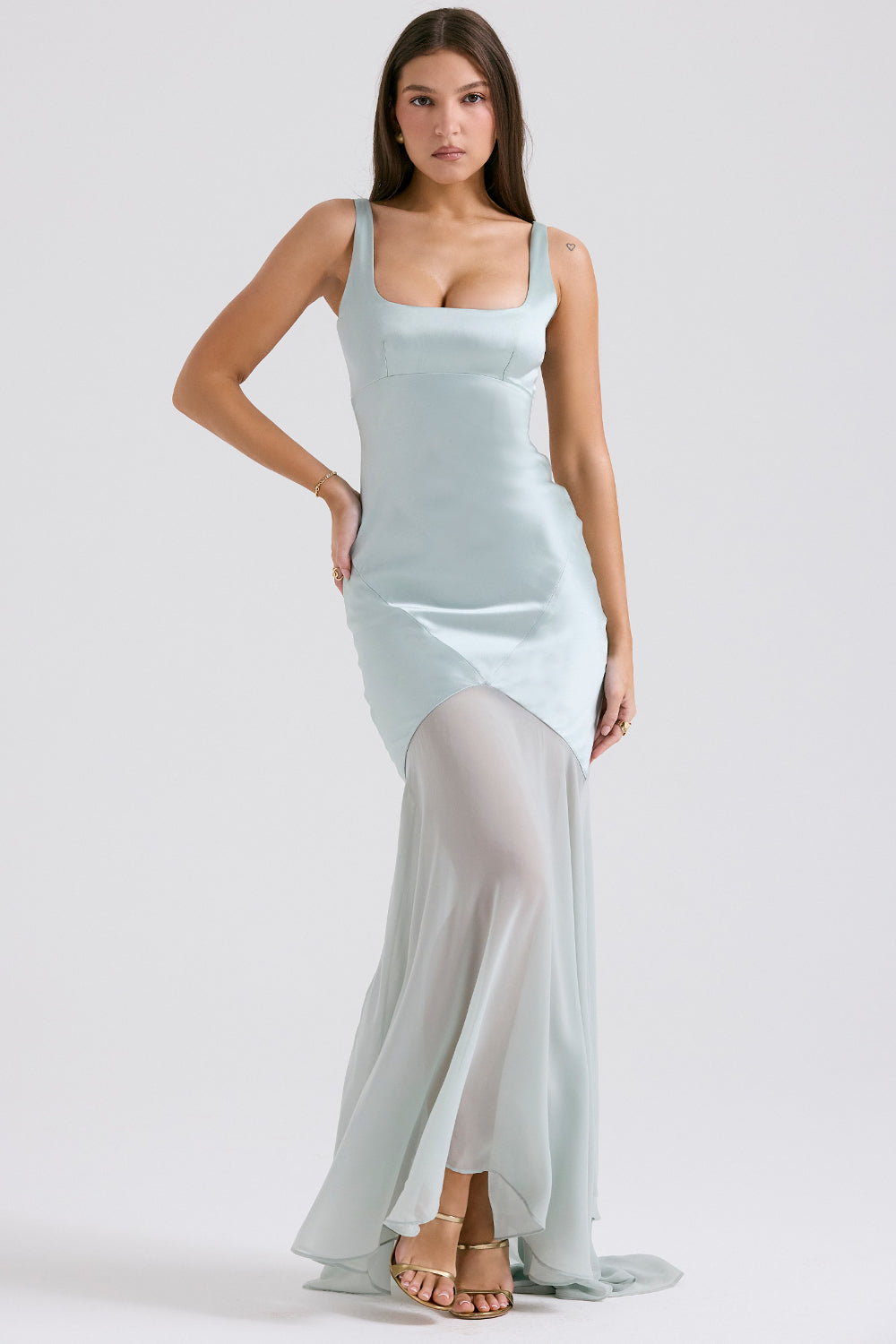 Satin Square Neck Bustier Bodice Sheer Tiered Chiffon Maxi Gown