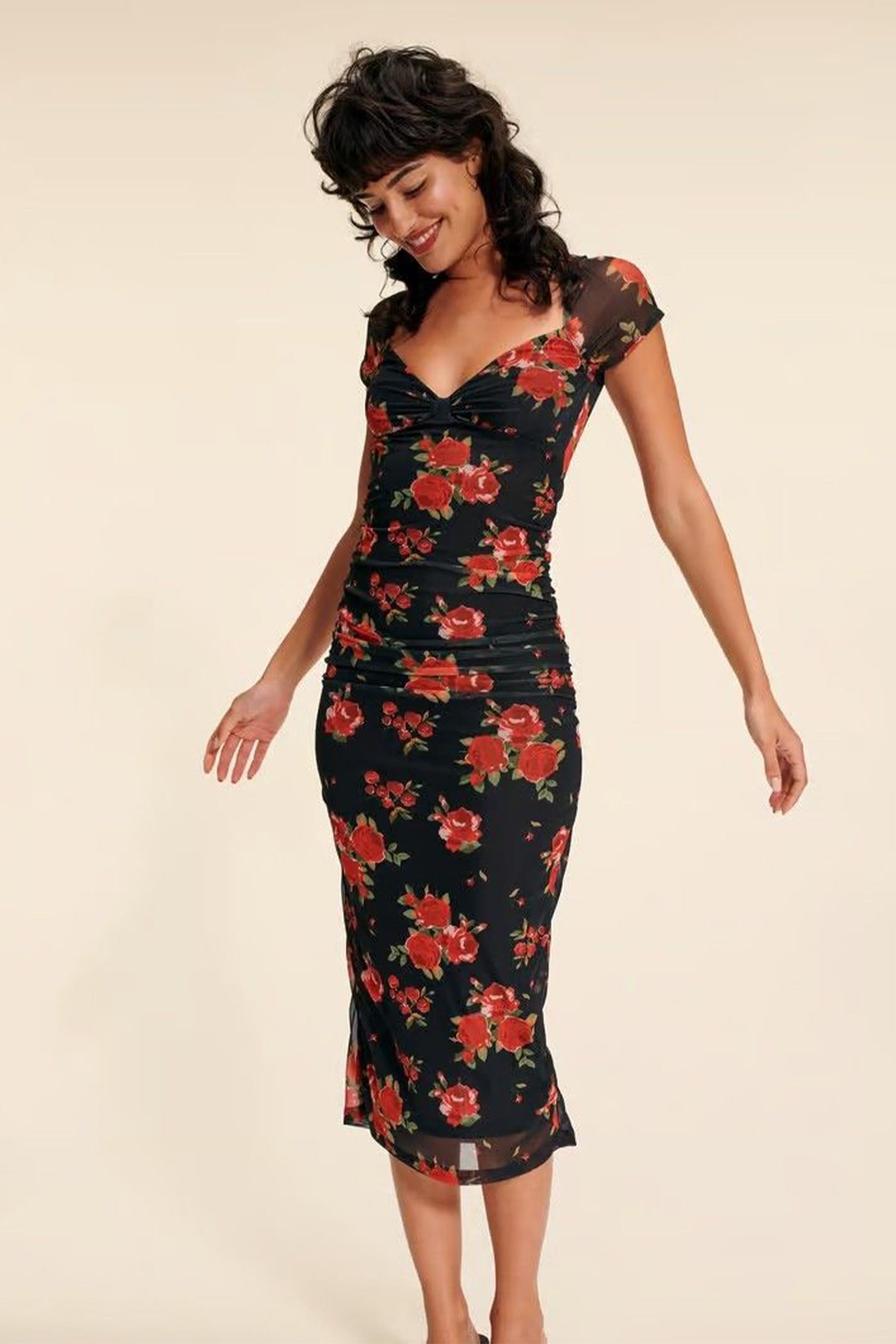 Floral Print Sweetheart Neck Cap Sleeve Ruched Bodycon Midi Dress