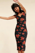 Floral Print Sweetheart Neck Cap Sleeve Ruched Bodycon Midi Dress