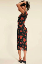 Floral Print Sweetheart Neck Cap Sleeve Ruched Bodycon Midi Dress