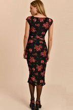 Floral Print Sweetheart Neck Cap Sleeve Ruched Bodycon Midi Dress