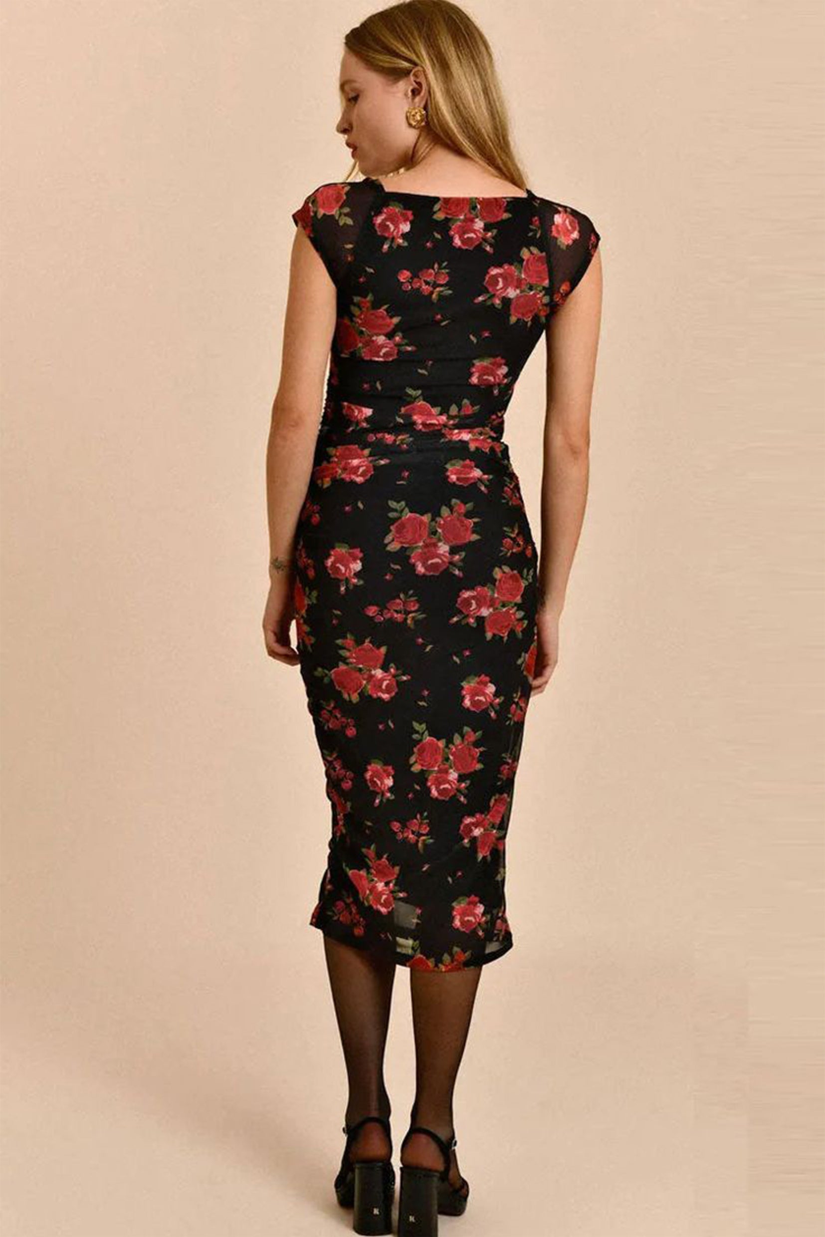 Floral Print Sweetheart Neck Cap Sleeve Ruched Bodycon Midi Dress