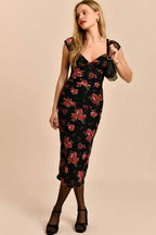 Floral Print Sweetheart Neck Cap Sleeve Ruched Bodycon Midi Dress