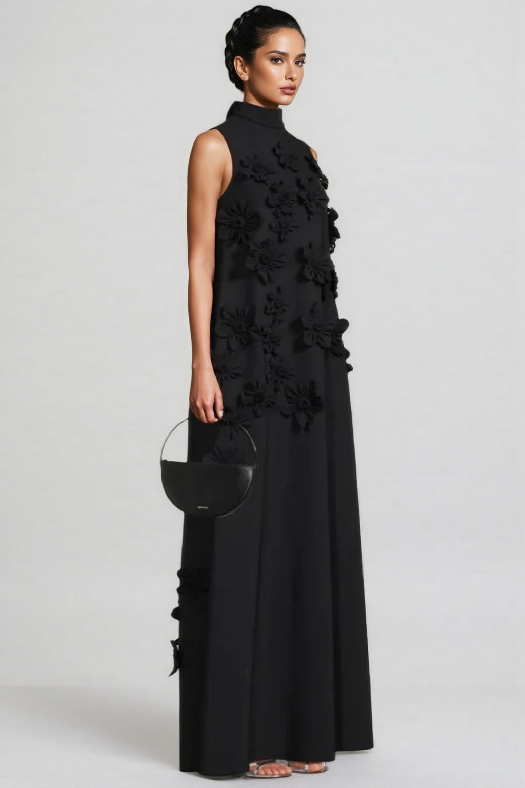 Daphne 3D Floral High Neck Sleeveless Maxi Dress-Black