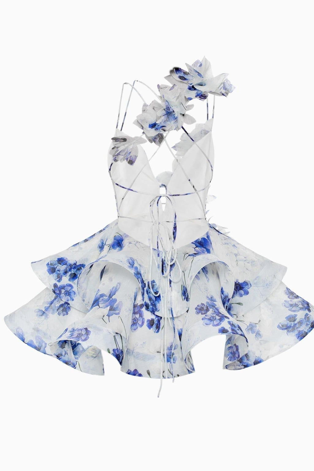 Lace Up V Neck One Shoulder Floral Applique Tiered Ruffle Mini Dress
