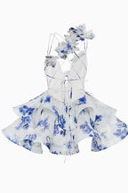Lace Up V Neck One Shoulder Floral Applique Tiered Ruffle Mini Dress