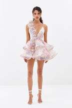 Lace Up V Neck One Shoulder Floral Applique Tiered Ruffle Mini Dress